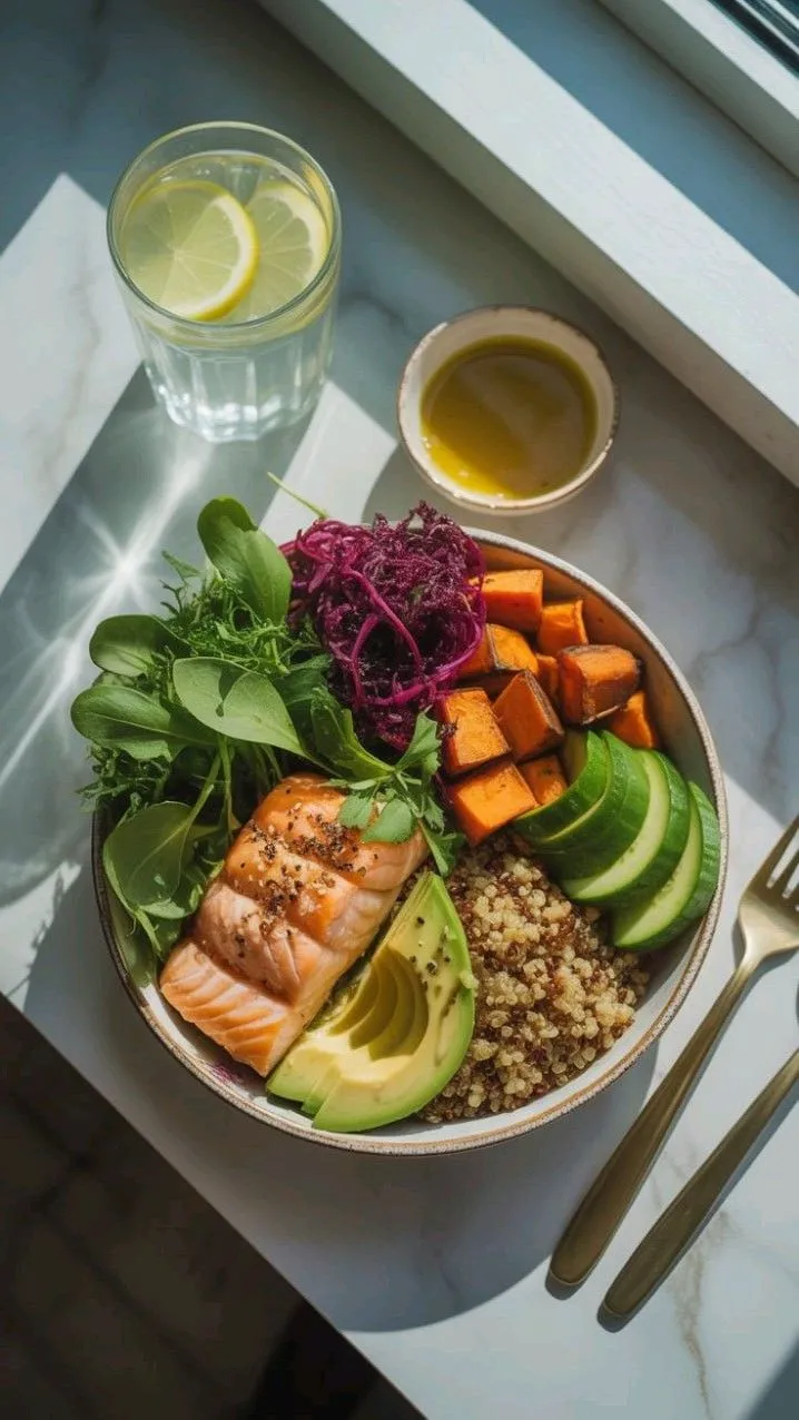 Colourful bowl with fresh vegetables and grains